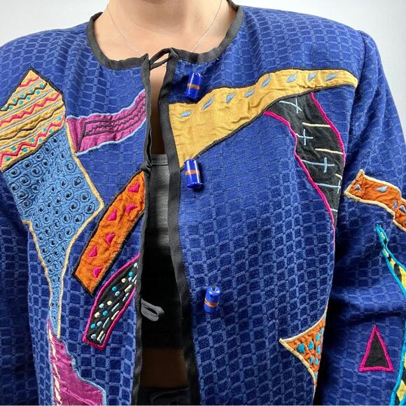 Vintage Allure | 80s 90s Unique Art to Wear Jacket Blue Multi Colored Patches S - Picture 2 of 5
